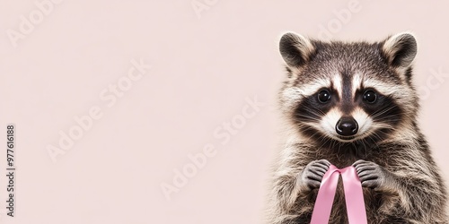 Curious Raccoon with Pink Ribbon on Taupe Background photo