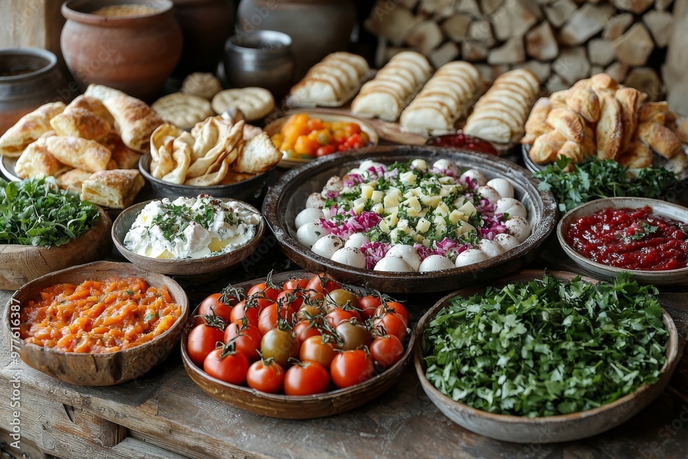 Brunch spread with a variet of dishes pastries. Village Breakfast with pastries, vegetables, greens, spreads, cheeses, fried eggs, jams. Brunch spread with a variet of dishes pastries. Village Breakfast with pastries, vegetables, greens, spreads, cheeses, fried eggs, jams.