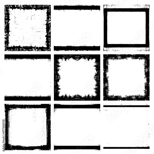 Set of grunge black square overlay distressed frame vector elements, transparent, grungy border design, empty space in the middle of each rectangle for text.