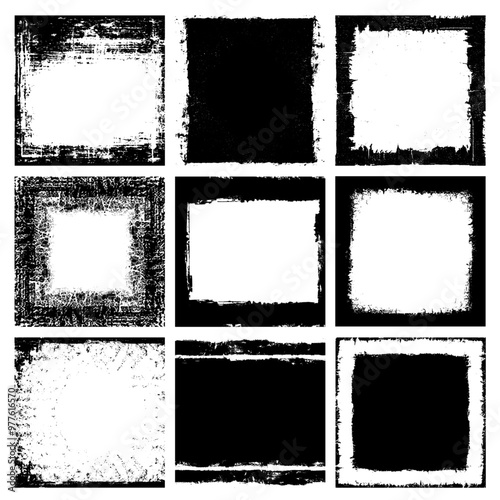 Set of grunge black square overlay distressed frame vector elements, transparent, grungy border design, empty space in the middle of each rectangle for text.