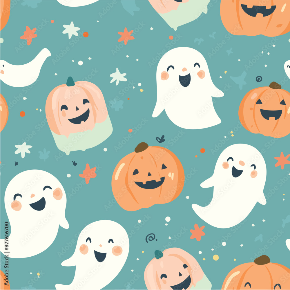 Cute Halloween vector seamless pattern of smiling ghosts and pumpkins Cute Halloween vector seamless pattern of smiling ghosts and pumpkins