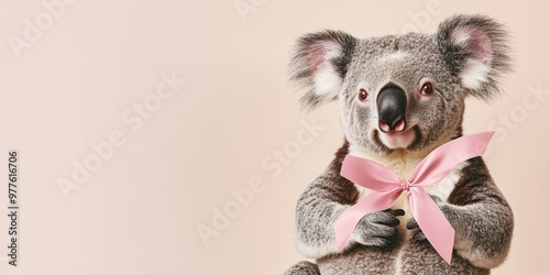 Adorable Koala Clutching a Pink Ribbon with its Paws on Beige Background