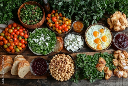 Brunch spread with a variet of dishes pastries. Village Breakfast with pastries, vegetables, greens, spreads, cheeses, fried eggs, jams. photo