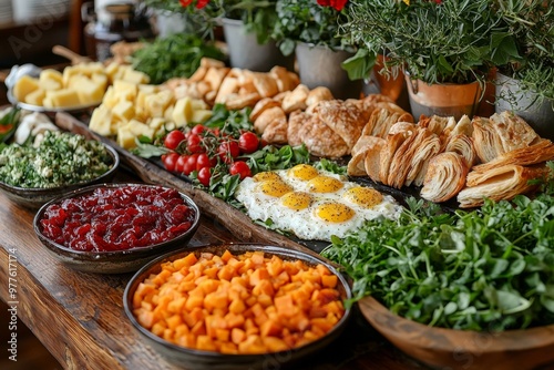 Brunch spread with a variet of dishes pastries. Village Breakfast with pastries, vegetables, greens, spreads, cheeses, fried eggs, jams. photo