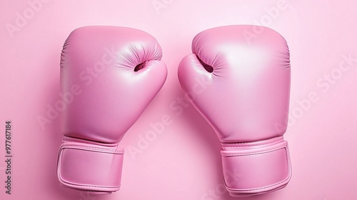 Minimalist composition of pink boxing gloves on a pastel background with ample copy space for text. The matte leather boxing gloves are positioned with space between them, creating a soft and clean ae