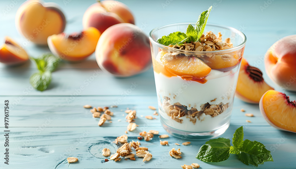 Tasty peach dessert with yogurt and granola on light blue wooden table Tasty peach dessert with yogurt and granola on light blue wooden table