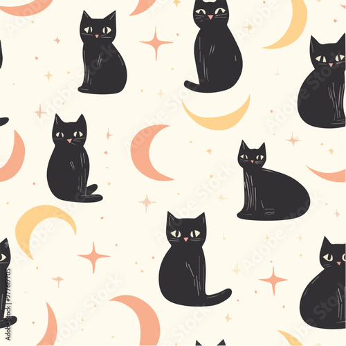 Vector seamless pattern with adorable black cats and crescent moons