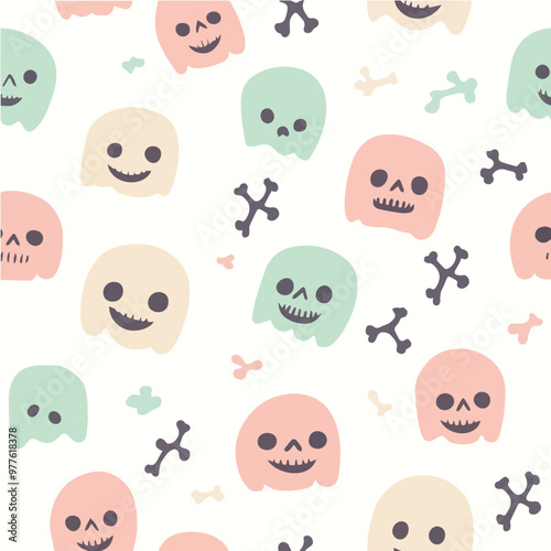 Cute vector seamless pattern of smiling skulls and bones