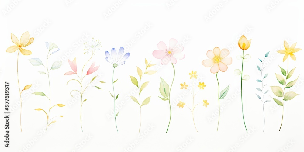 A collection of delicate watercolor flowers, showcasing various colors and shapes, perfect for nature-themed designs. A collection of delicate watercolor flowers, showcasing various colors and shapes, perfect for nature-themed designs.
