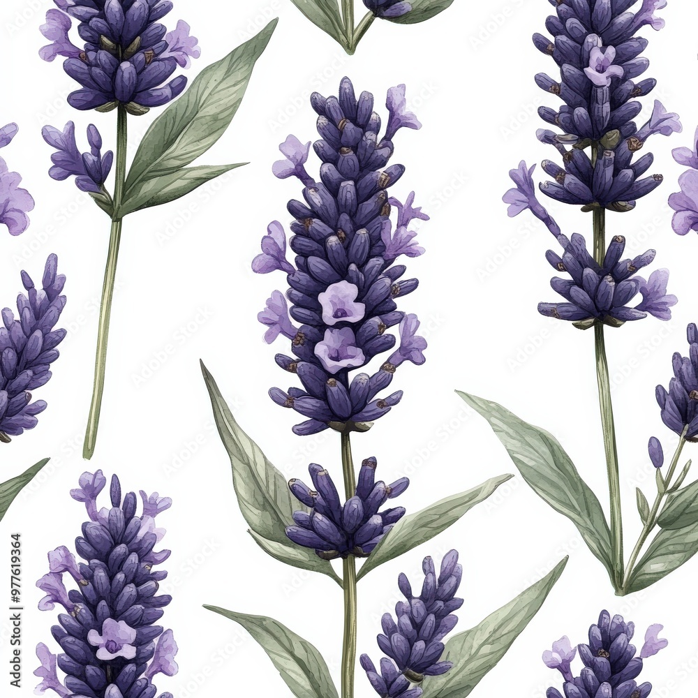 Fototapeta premium Beautiful lavender flower pattern with soft purples and greens, botanical style