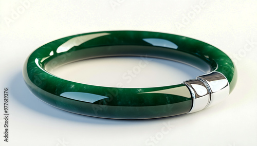 A shiny green jade bracelet with a silver clasp, studio shot on a white background.