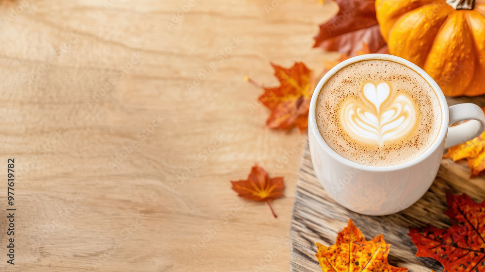 Warm autumn coffee latte topped with heart latte art surrounded by colorful fall leaves and a small pumpkin Warm autumn coffee latte topped with heart latte art surrounded by colorful fall leaves and a small pumpkin