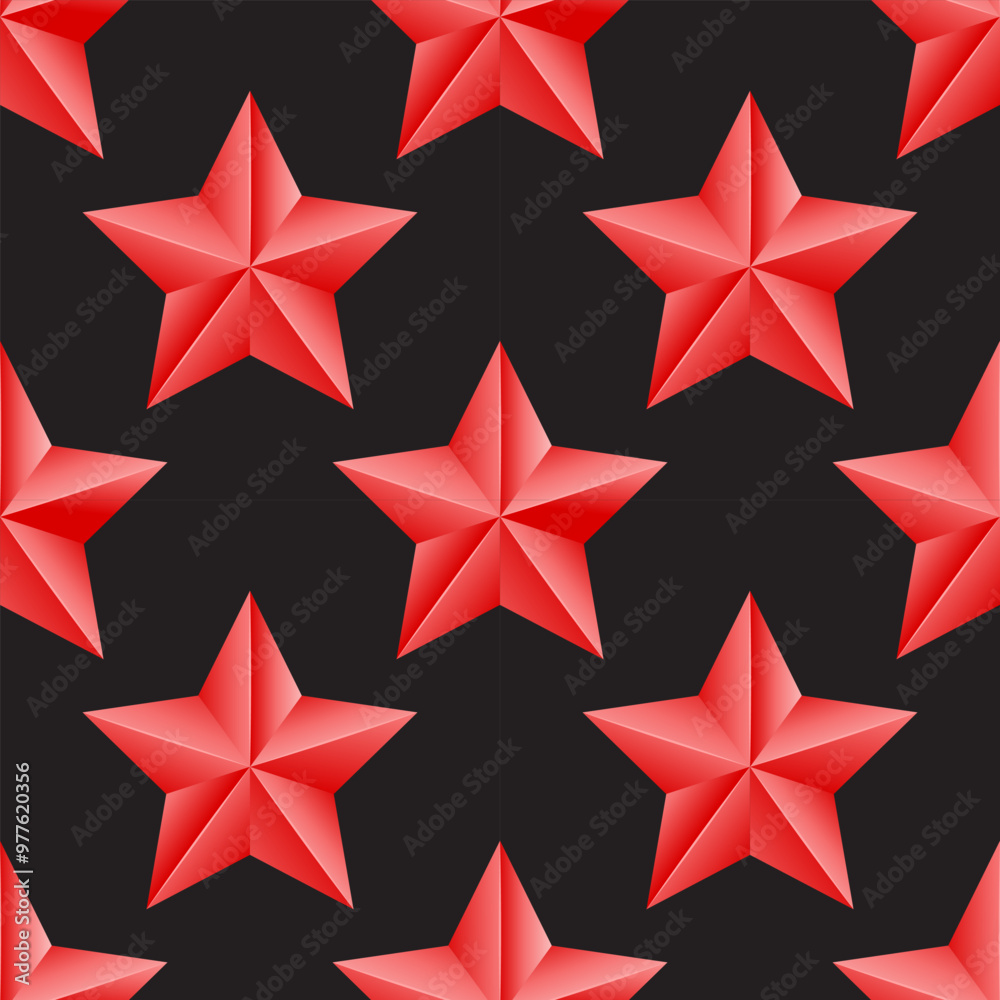 Fototapeta premium Beautiful voluminous red stars on a black background. Seamless pattern, print, vector illustration