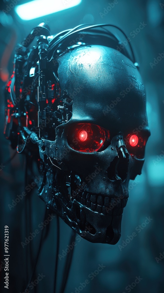 Sci-fi floating cyborg skull in futuristic lab with cables attached Sci-fi floating cyborg skull in futuristic lab with cables attached
