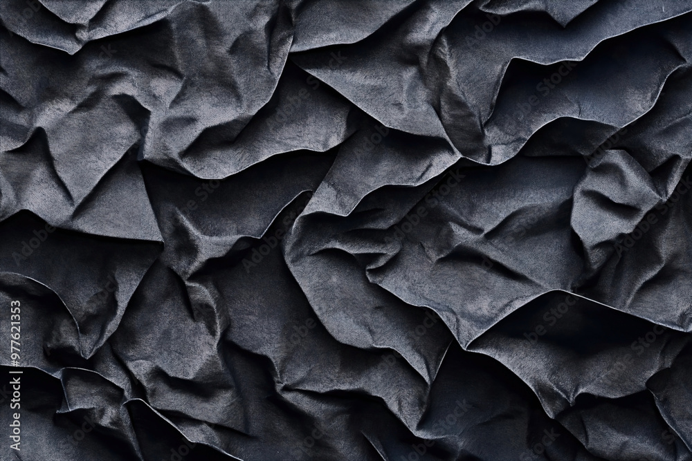 Obraz premium Close-up of dark crumpled fabric with intricate folds and textures, showcasing the depth and complexity of the material's creases and a matte finish.