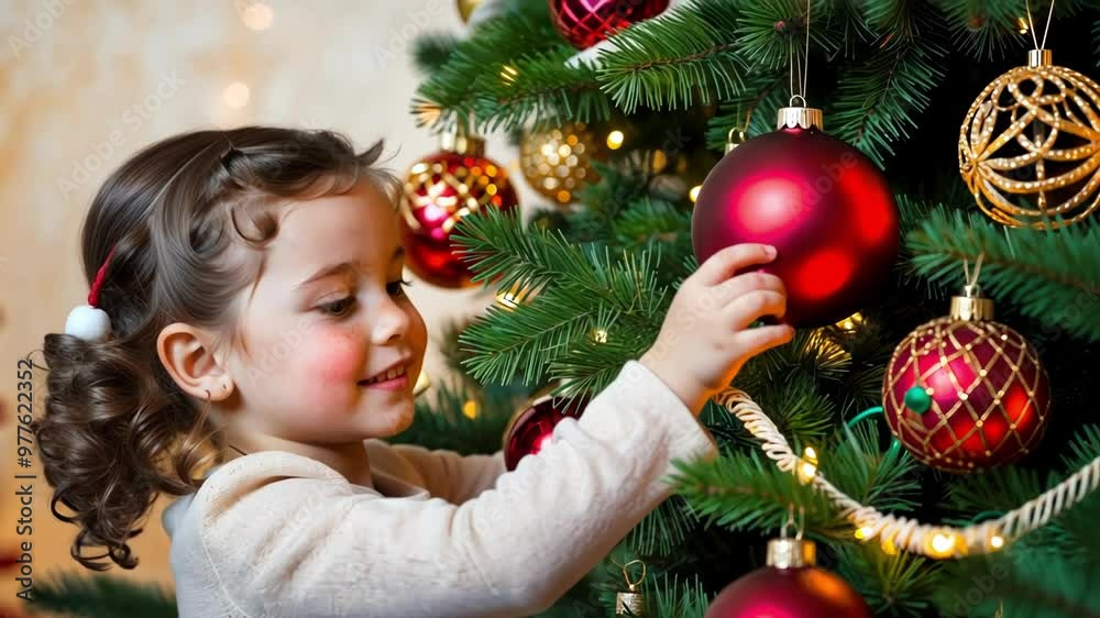 A joyful girl decorates a Christmas tree, surrounded by festive ornaments and lights, capturing the warmth of the holiday spirit A joyful girl decorates a Christmas tree, surrounded by festive ornaments and lights, capturing the warmth of the holiday spirit