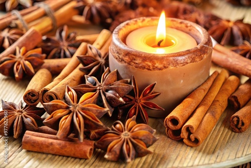 A warm candle surrounded by cinnamon sticks and star anise.