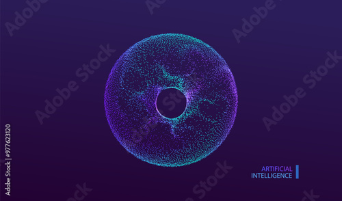 A.I. Technology particles banner. Dots explosion ai big data neon round background. Artificial Intelligence futuristic circles connect design.	