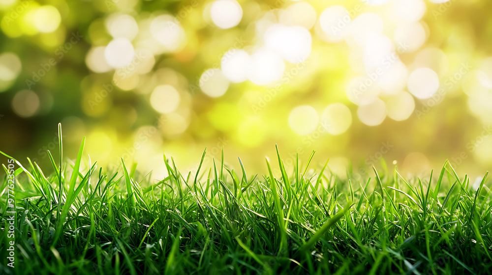 Obraz premium close-up of lush grass against a hazy backdrop of a garden.