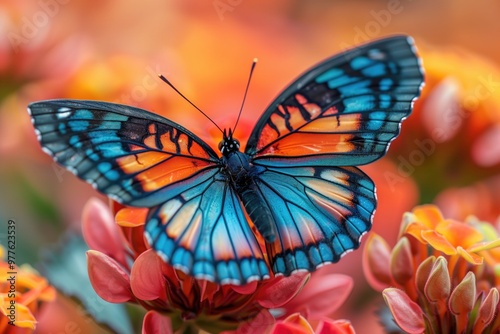 A close-up shot of a colorful butterfly on a vibrant flower 