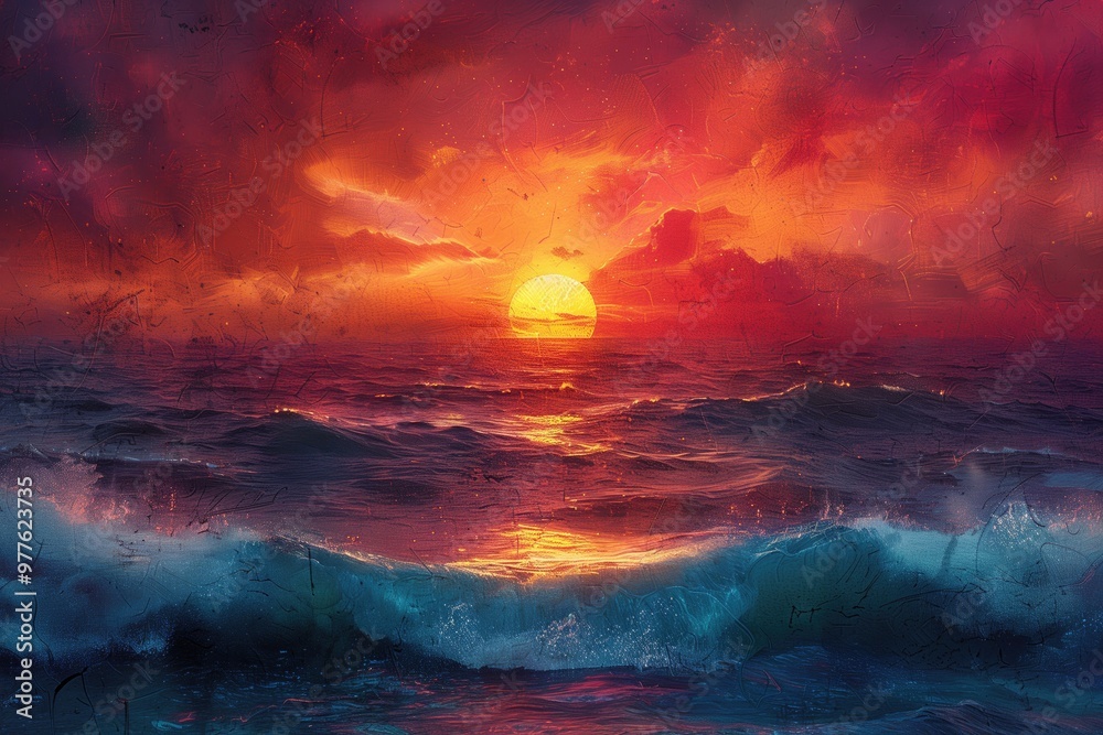 A colorful depiction of a sunset over a tranquil ocean A colorful depiction of a sunset over a tranquil ocean