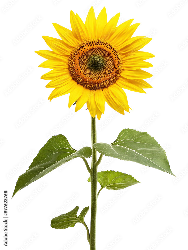 Single sunflower with bright yellow petals and green leaves on a white background. PNG transparent. Single sunflower with bright yellow petals and green leaves on a white background. PNG transparent.