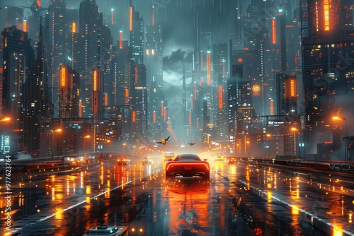 A detailed illustration of a futuristic city with flying cars and towering skyscrapers 