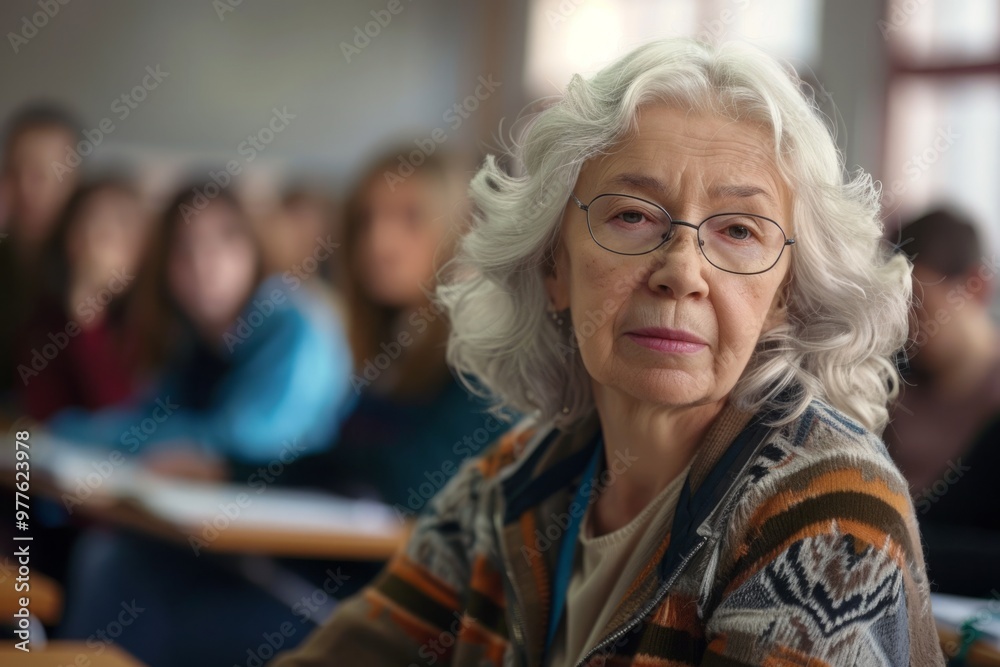 A woman with glasses and a scarf is sitting in a classroom A woman with glasses and a scarf is sitting in a classroom