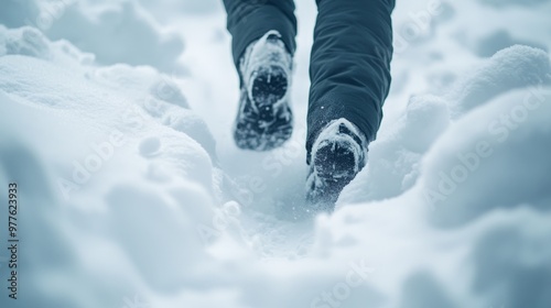 Close-up candid shot of a person walking through deep snow, their legs pushing through the powder as they make their way forward photo