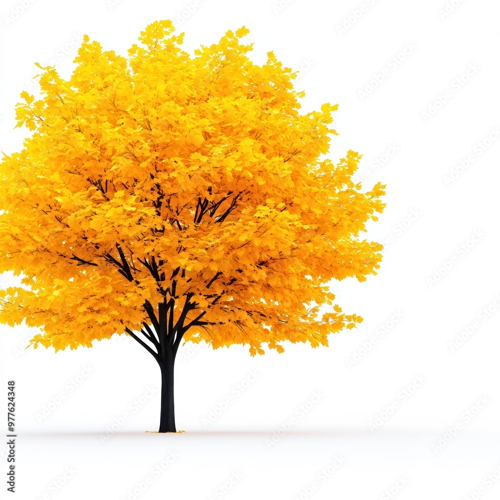 A vibrant yellow tree standing alone, offering a striking contrast against a white background, perfect for seasonal themes. A vibrant yellow tree standing alone, offering a striking contrast against a white background, perfect for seasonal themes.