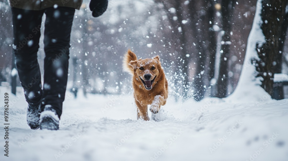 Close-up candid shot of a person walking their dog through a snow-covered park, the dog happily bounding through the snow ahead Close-up candid shot of a person walking their dog through a snow-covered park, the dog happily bounding through the snow ahead