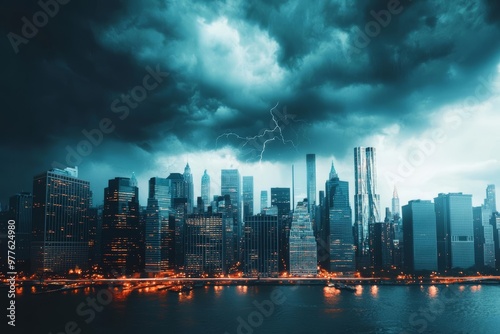 Urban skyline bathed in lightning s glow, towering skyscrapers, deep shadows, and bright city lights, stormy night scene photo