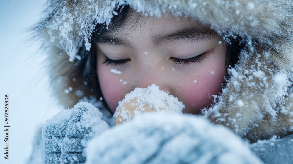Close-up candid portrait of an Inuit child playing with a hand-carved toy in the snow, bundled up in fur, their breath visible in the cold air Close-up candid portrait of an Inuit child playing with a hand-carved toy in the snow, bundled up in fur, their breath visible in the cold air