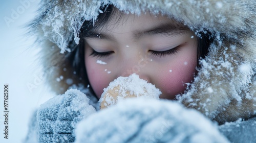 Close-up candid portrait of an Inuit child playing with a hand-carved toy in the snow, bundled up in fur, their breath visible in the cold air