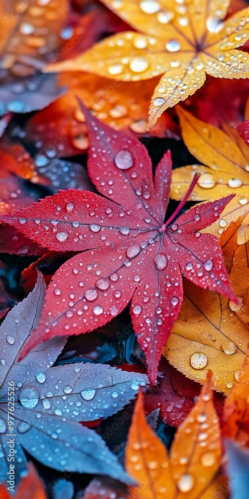 Fototapeta premium Vibrant autumn leaves with water droplets create a stunning visual display. The rich colors of red, orange, and yellow enhance the beauty of nature. Perfect for seasonal designs. AI
