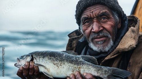 Close-up candid portrait of a tribal fisherman holding a freshly caught fish, with the icy sea in the background, their face proud and weathered