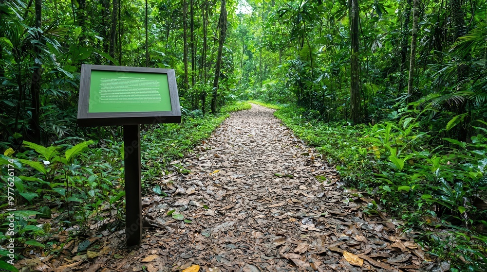A forest conservation area with marked trails and educational signs A forest conservation area with marked trails and educational signs