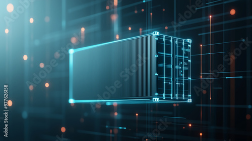 Floating futuristic container in a holographic grid space, neon lines and digital patterns, plenty of copy space on the left, glowing blue lights, high-tech atmosphere, 3D illustration