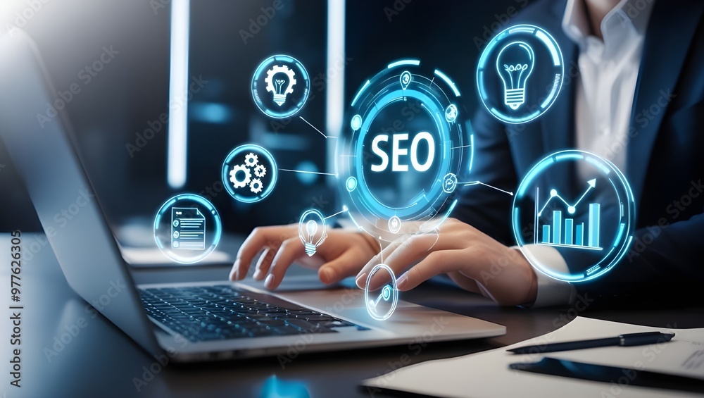 SEO, Search engine optimization, Businessman uses a laptop to analyze SEO, Website ranking, Search engine ranking SEO, Search engine optimization, Businessman uses a laptop to analyze SEO, Website ranking, Search engine ranking