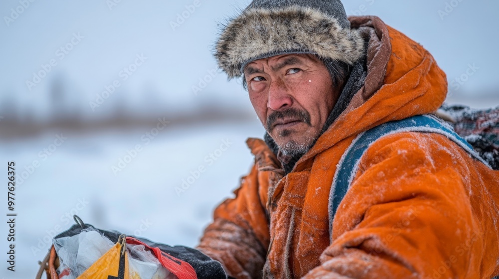 Fototapeta premium Close-up candid portrait of a northern tribesman packing supplies onto a sled, preparing for a long journey across the frozen landscape