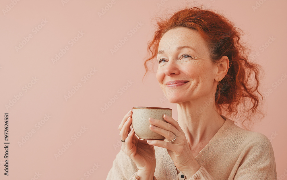 A middle-aged woman with red hair, holding a mug and smiling contentedly while looking upward, radiating warmth and serenity against a soft pink background, suggesting a moment of peaceful reflection A middle-aged woman with red hair, holding a mug and smiling contentedly while looking upward, radiating warmth and serenity against a soft pink background, suggesting a moment of peaceful reflection