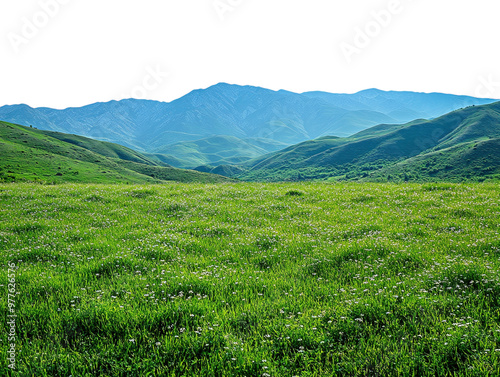 Green field with distant mountains on a clear day. PNG transparent.