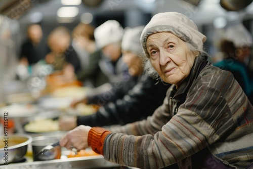 A photo of a senior woman volunteering at a soup kitchen