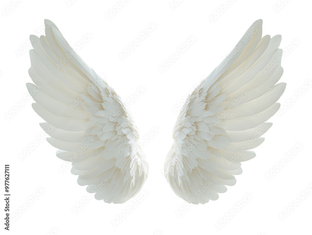 White angel wings with delicate feathers on white background. PNG transparent. White angel wings with delicate feathers on white background. PNG transparent.