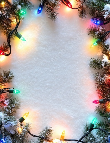 Snowy Christmas background with colorful lights around the edge. Text space. AI generated image
