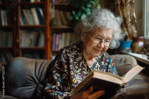 An elderly woman is reading a book