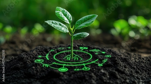 Financial portfolio with eco-tech symbols and a growing plant, symbolizing green investment strategies, eco-friendly finance, sustainable growth photo