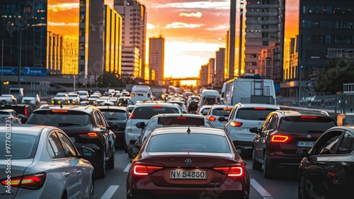 A photo of a traffic jam during a golden sunset in a big city. Cars of various colors and models are stuck in traffic. The sky is painted with warm hues of orange and pink. The reflections of the suns