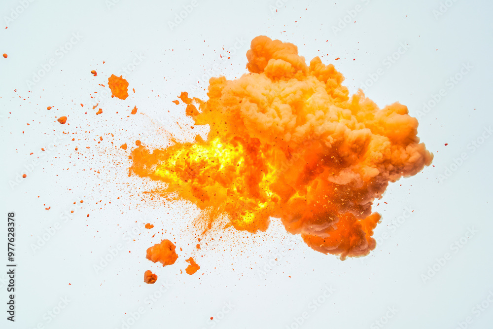 A fiery explosion with intense orange flames and billowing smoke clouds on white background. A fiery explosion with intense orange flames and billowing smoke clouds on white background.