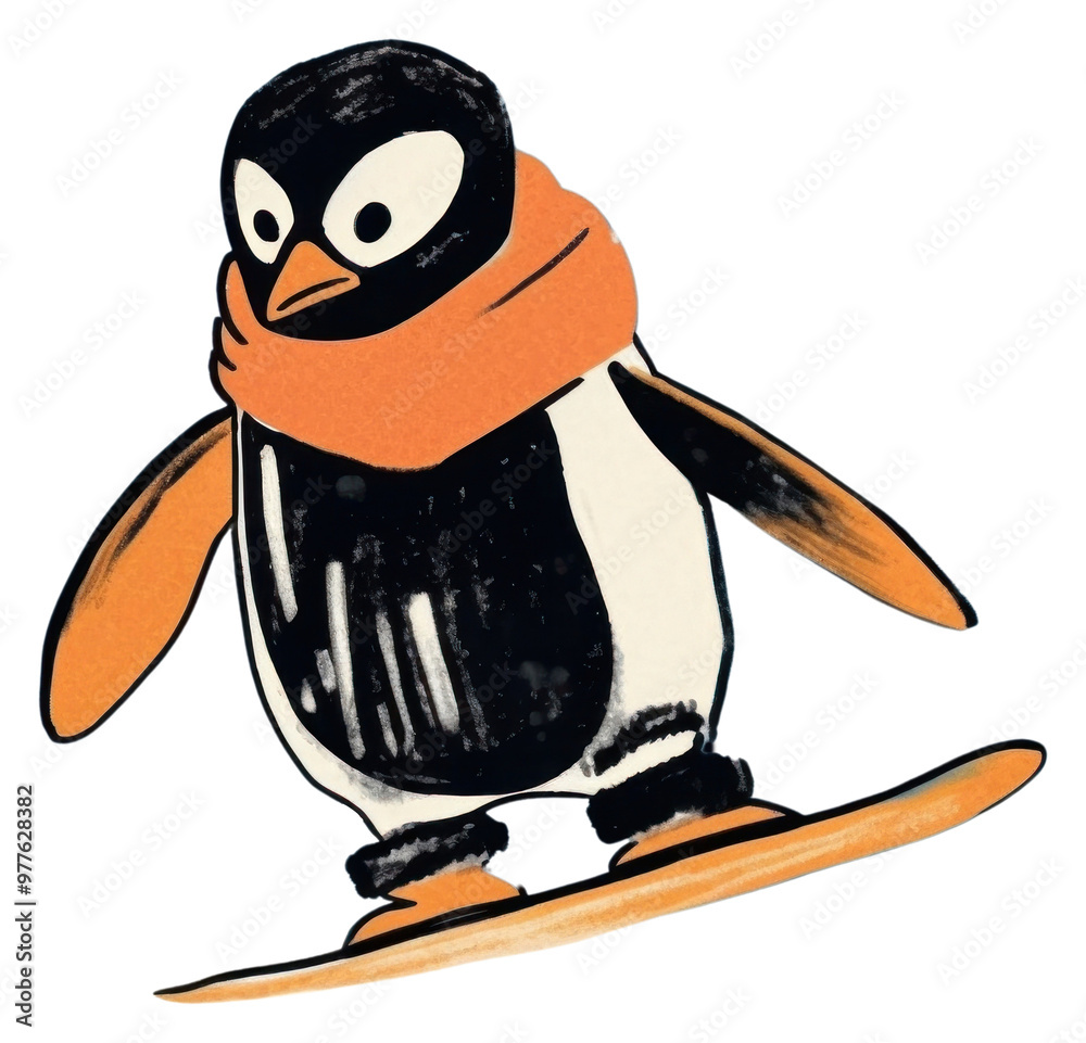 Obraz premium PNG Penguin playing snowboard outdoors winter nature.